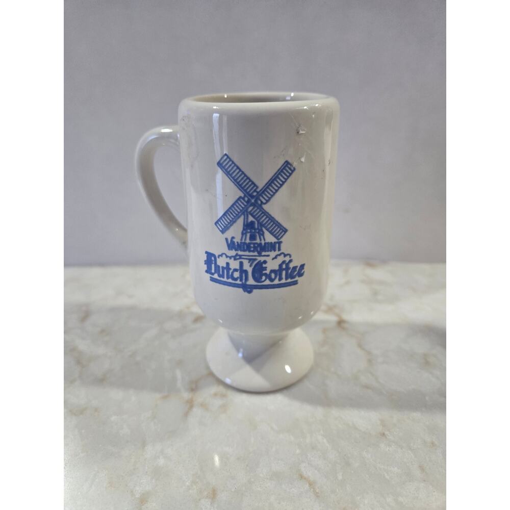 Vintage Vandermint Dutch Coffee Footed Stoneware Mug Cup Windmill 4.5" Tall